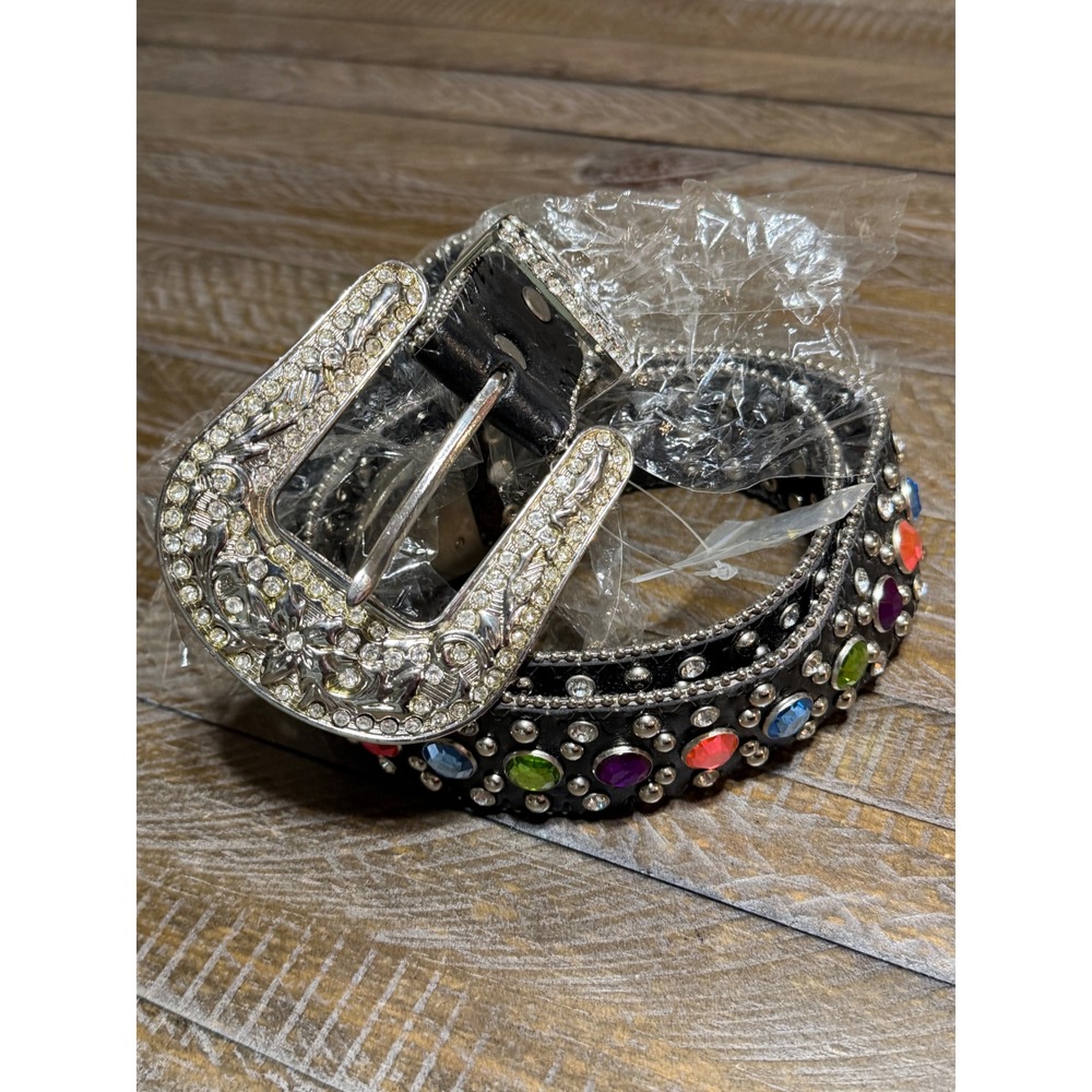 Atlas Rhinestone Belt Unisex Black Multi-Color New Western Studded Bling